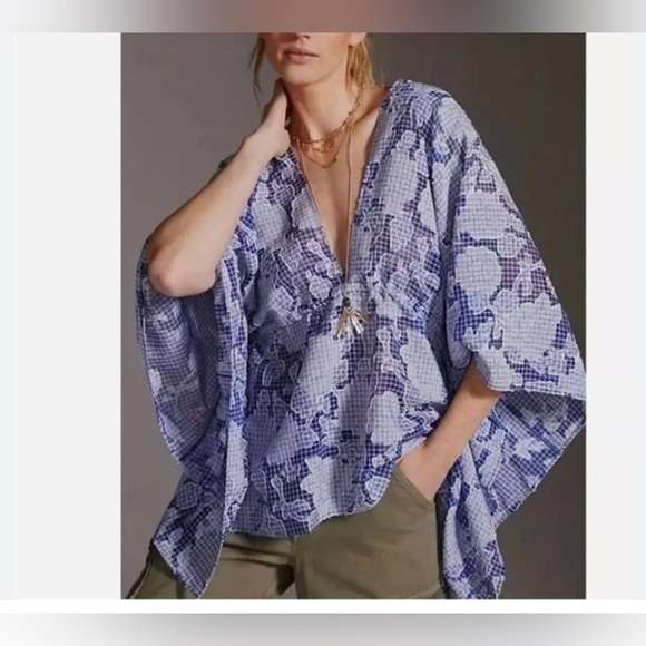 By Anthropologie Tie-Front Caftan Blue Floral One Size - Picture 1 of 5